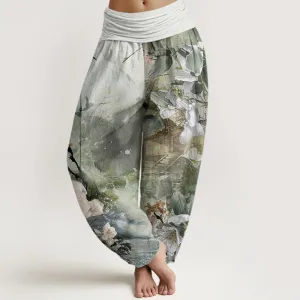 Buddha Stones Bamboo Tree Pavilion Flower Pattern Women's Elastic Waist Harem Pants