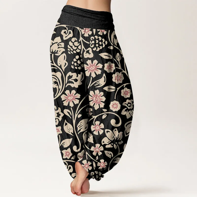 Buddha Stones Casual Beige Pink Flowers Grapes Design Women's Elastic Waist Harem Pants
