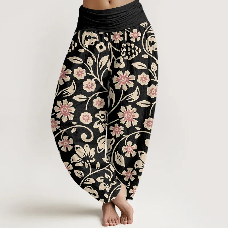 Buddha Stones Casual Beige Pink Flowers Grapes Design Women's Elastic Waist Harem Pants