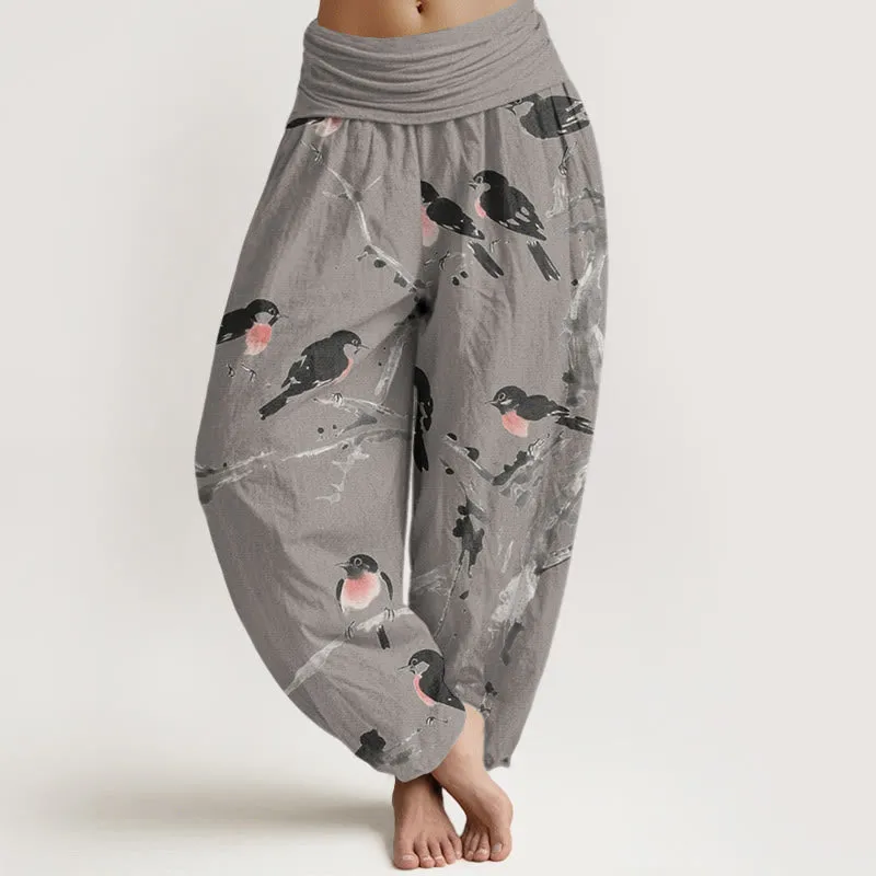 Buddha Stones Casual Bird Branches Pattern Women's Elastic Waist Harem Pants