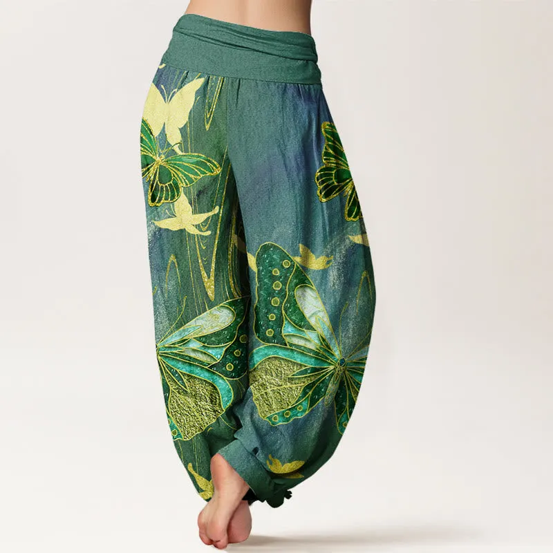 Buddha Stones Casual Butterfly Gold Line Pattern Women's Elastic Waist Harem Pants