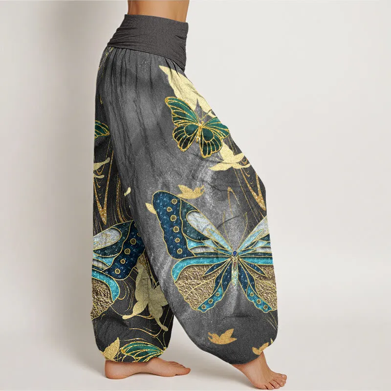 Buddha Stones Casual Butterfly Gold Line Pattern Women's Elastic Waist Harem Pants