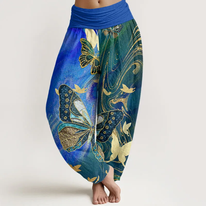 Buddha Stones Casual Butterfly Gold Line Pattern Women's Elastic Waist Harem Pants