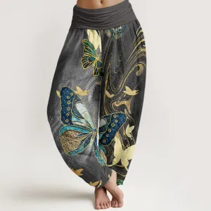 Buddha Stones Casual Butterfly Gold Line Pattern Women's Elastic Waist Harem Pants