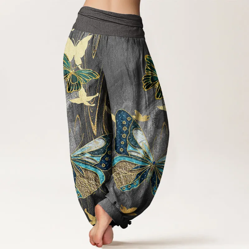 Buddha Stones Casual Butterfly Gold Line Pattern Women's Elastic Waist Harem Pants