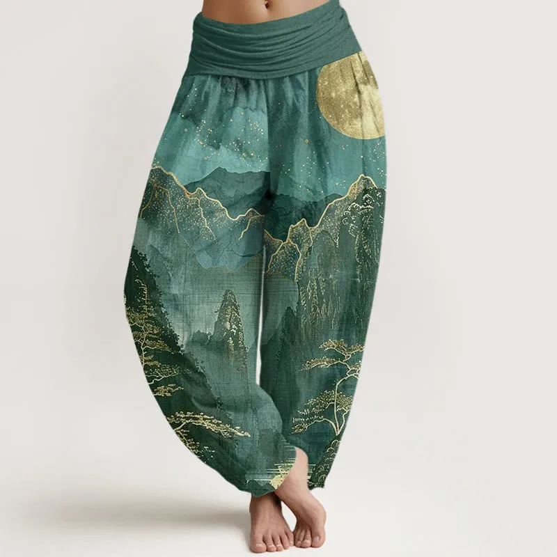 Buddha Stones Casual Full Moon Mountains Trees River Pattern Women's Elastic Waist Harem Pants