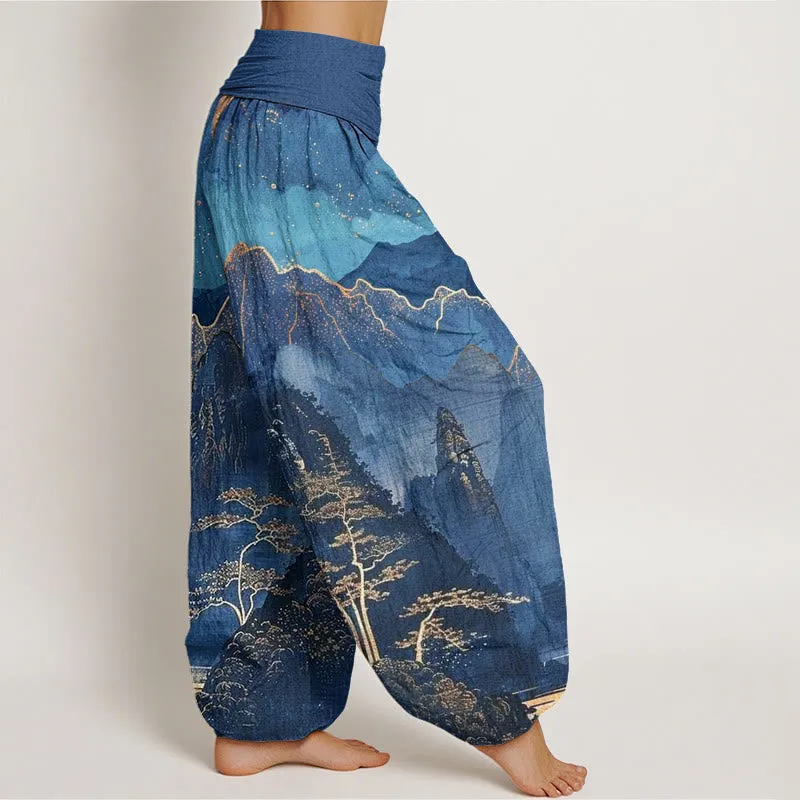 Buddha Stones Casual Full Moon Mountains Trees River Pattern Women's Elastic Waist Harem Pants