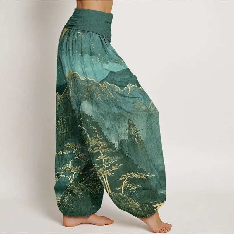 Buddha Stones Casual Full Moon Mountains Trees River Pattern Women's Elastic Waist Harem Pants