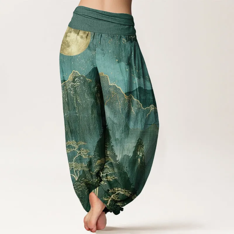 Buddha Stones Casual Full Moon Mountains Trees River Pattern Women's Elastic Waist Harem Pants