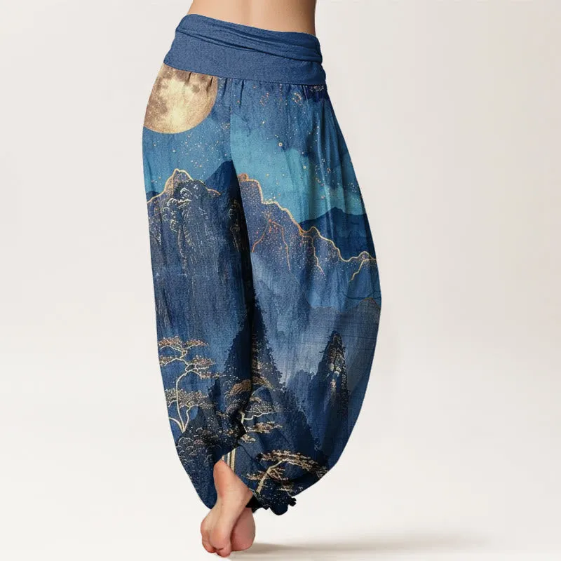 Buddha Stones Casual Full Moon Mountains Trees River Pattern Women's Elastic Waist Harem Pants