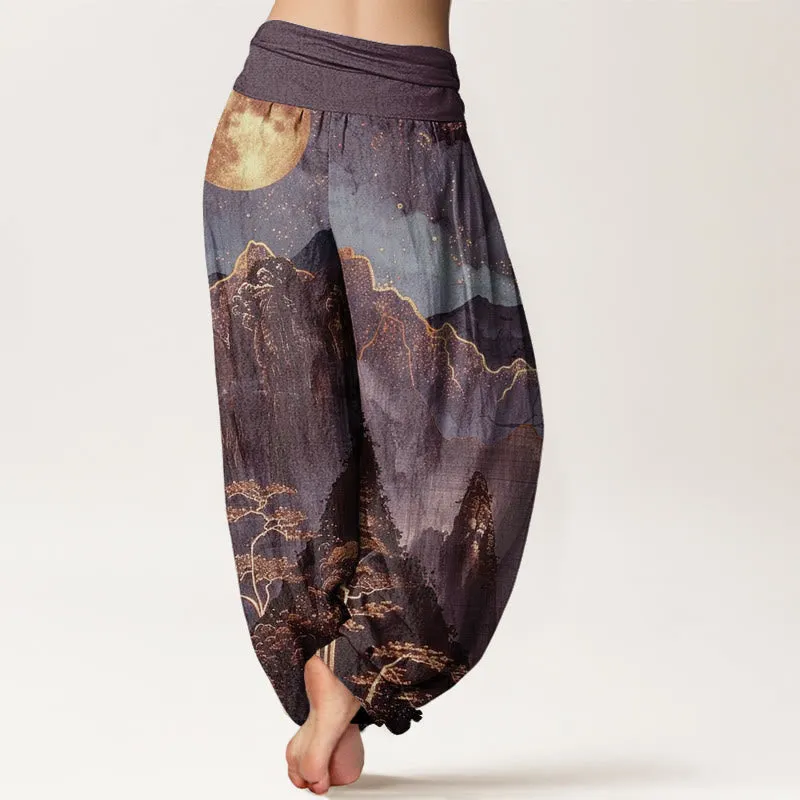 Buddha Stones Casual Full Moon Mountains Trees River Pattern Women's Elastic Waist Harem Pants