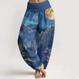 Buddha Stones Casual Full Moon Mountains Trees River Pattern Women's Elastic Waist Harem Pants