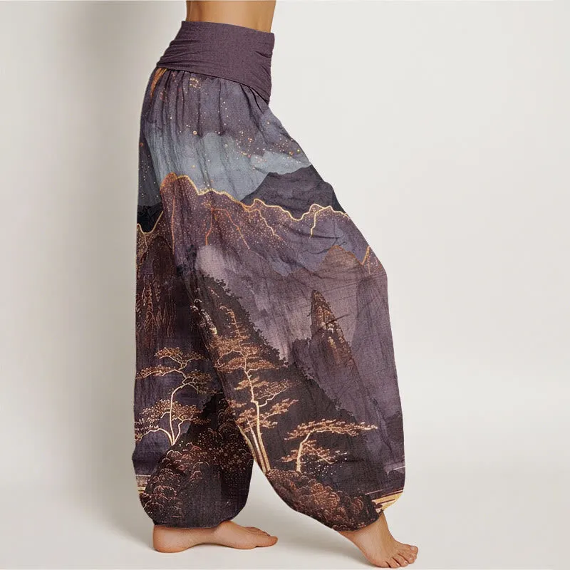 Buddha Stones Casual Full Moon Mountains Trees River Pattern Women's Elastic Waist Harem Pants