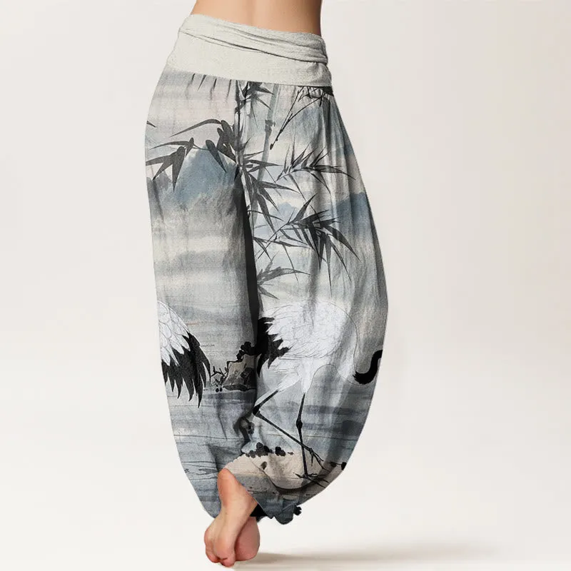 Buddha Stones Casual Red-Crowned Crane Bamboo Leaves Mountain Pattern Women's Elastic Waist Harem Pants