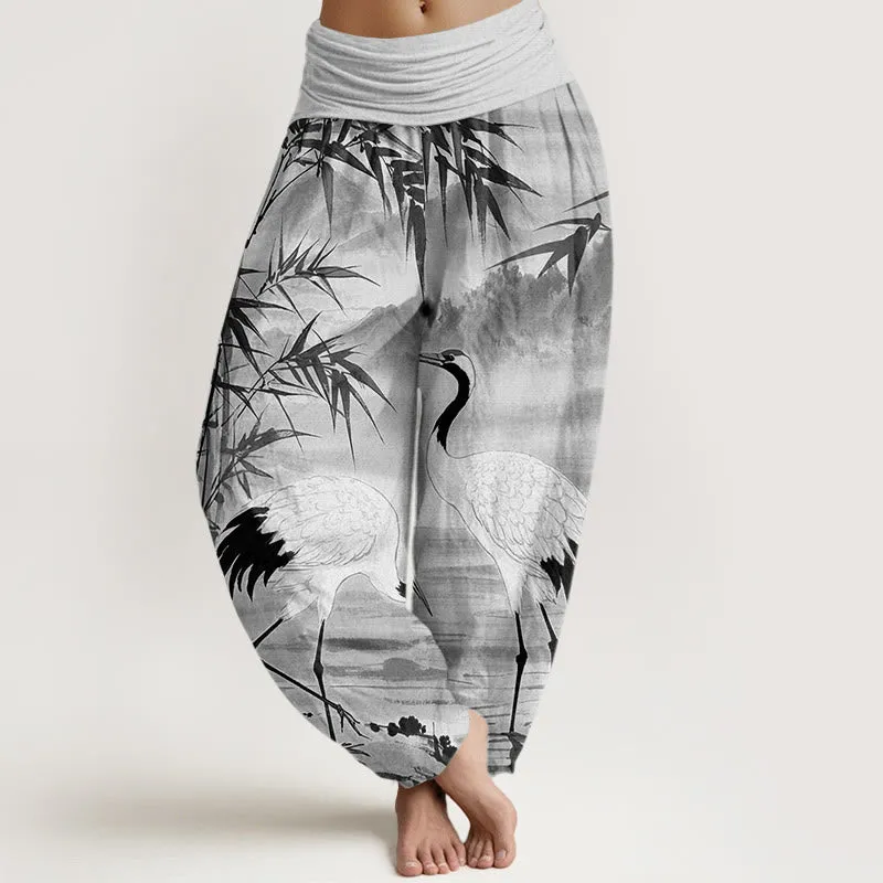 Buddha Stones Casual Red-Crowned Crane Bamboo Leaves Mountain Pattern Women's Elastic Waist Harem Pants
