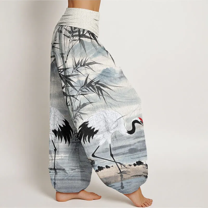 Buddha Stones Casual Red-Crowned Crane Bamboo Leaves Mountain Pattern Women's Elastic Waist Harem Pants