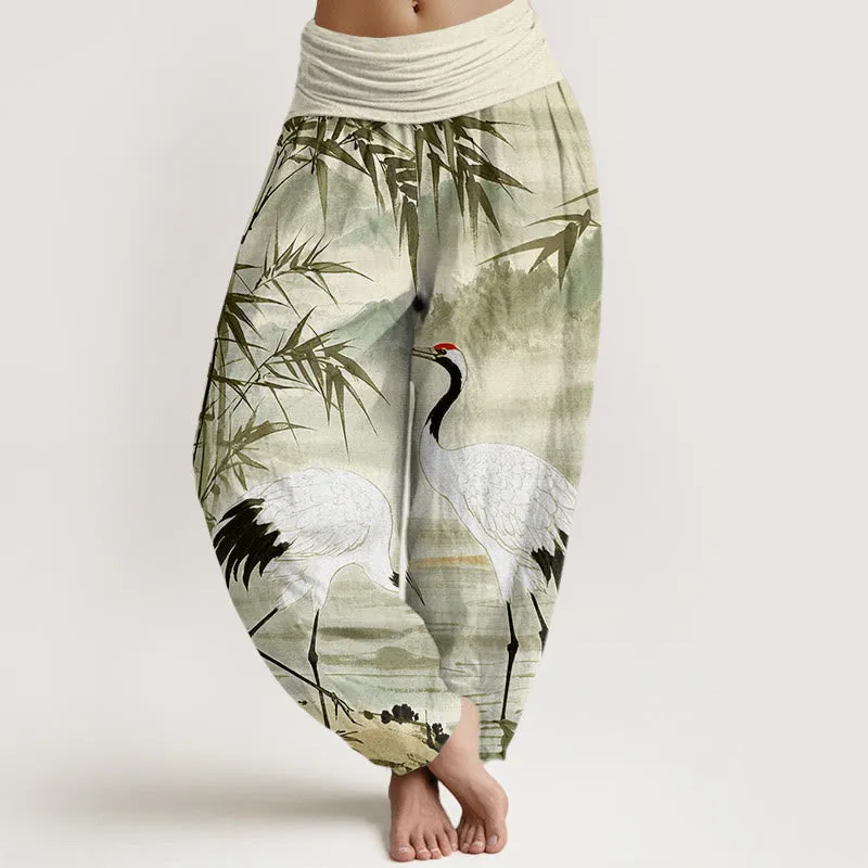 Buddha Stones Casual Red-Crowned Crane Bamboo Leaves Mountain Pattern Women's Elastic Waist Harem Pants