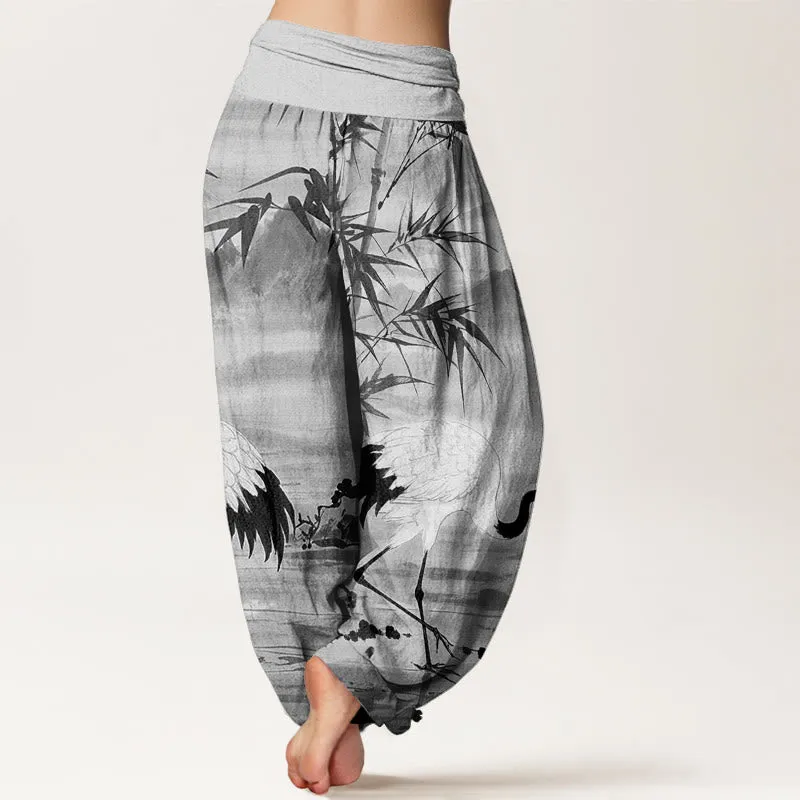 Buddha Stones Casual Red-Crowned Crane Bamboo Leaves Mountain Pattern Women's Elastic Waist Harem Pants