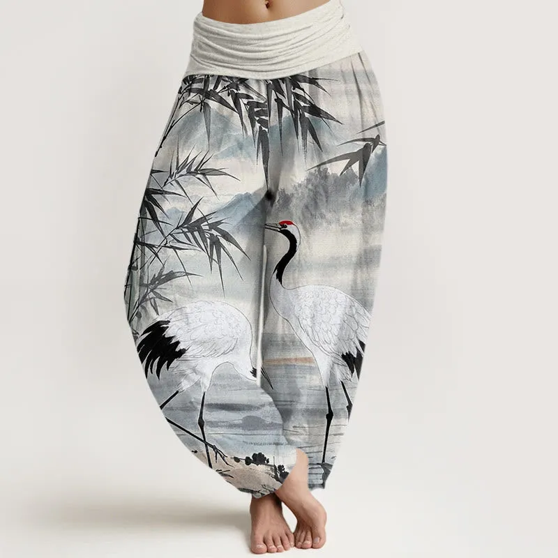 Buddha Stones Casual Red-Crowned Crane Bamboo Leaves Mountain Pattern Women's Elastic Waist Harem Pants