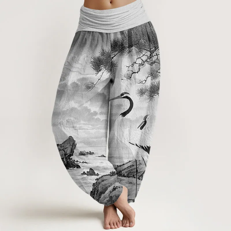 Buddha Stones Casual Red-Crowned Crane Sun Tree Pattern Women's Elastic Waist Harem Pants