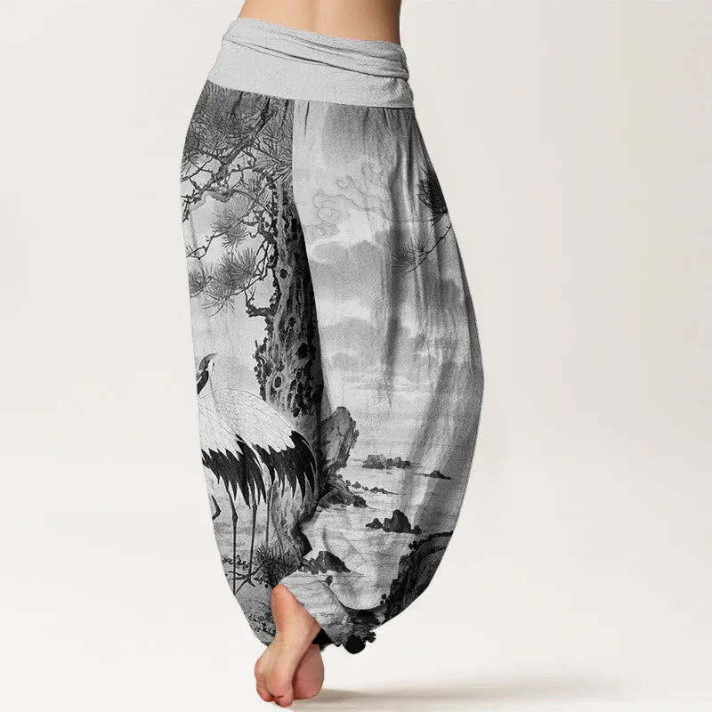 Buddha Stones Casual Red-Crowned Crane Sun Tree Pattern Women's Elastic Waist Harem Pants