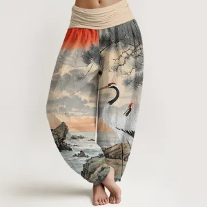 Buddha Stones Casual Red-Crowned Crane Sun Tree Pattern Women's Elastic Waist Harem Pants