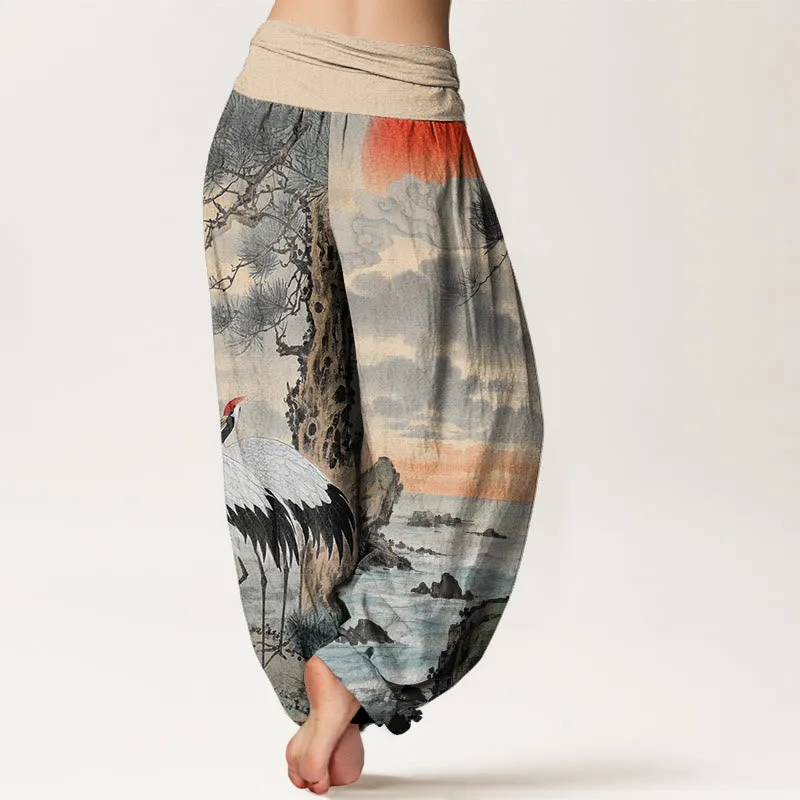 Buddha Stones Casual Red-Crowned Crane Sun Tree Pattern Women's Elastic Waist Harem Pants