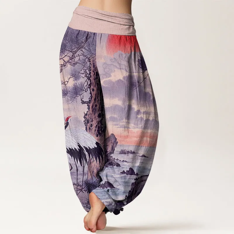 Buddha Stones Casual Red-Crowned Crane Sun Tree Pattern Women's Elastic Waist Harem Pants