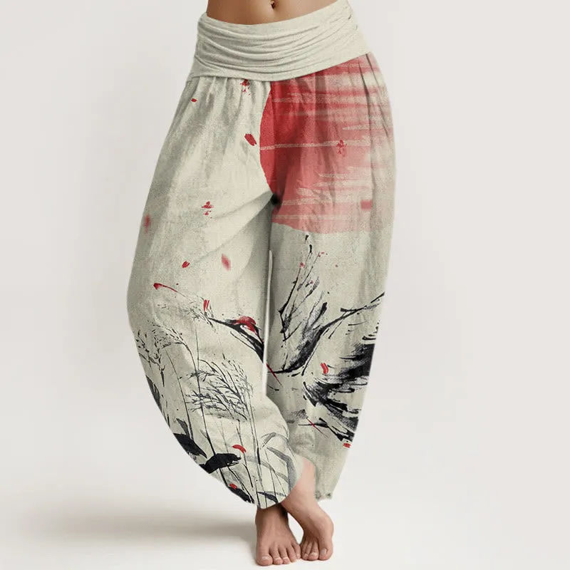Buddha Stones Casual Red-crowned Reed Sun Crane Pattern Women's Elastic Waist Harem Pants