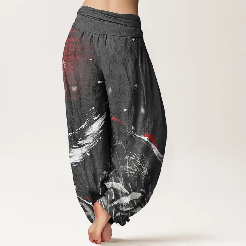 Buddha Stones Casual Red-crowned Reed Sun Crane Pattern Women's Elastic Waist Harem Pants