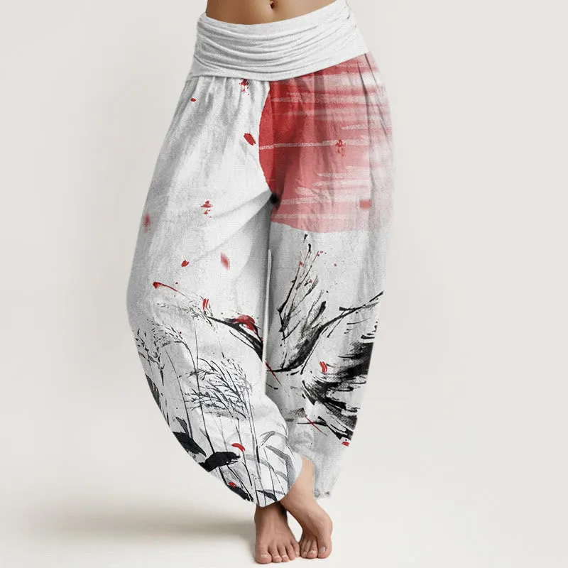 Buddha Stones Casual Red-crowned Reed Sun Crane Pattern Women's Elastic Waist Harem Pants