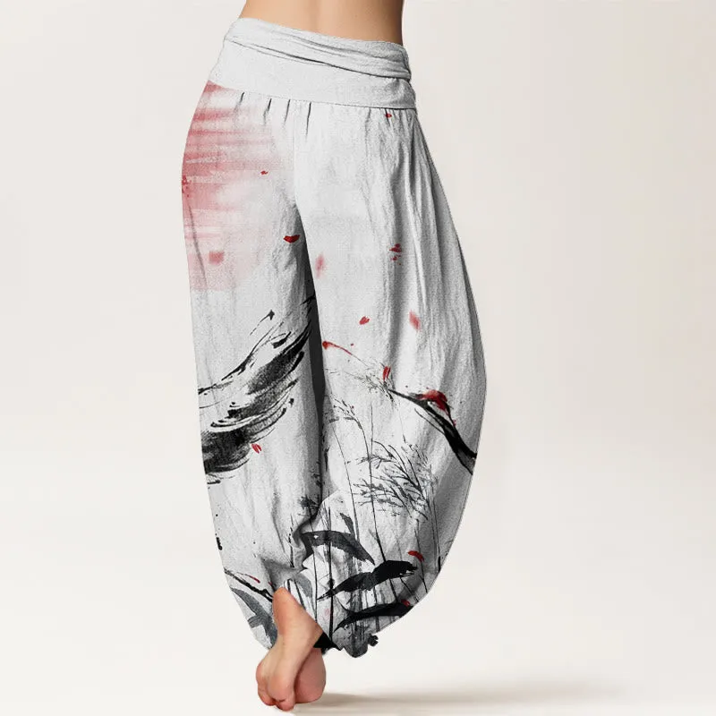 Buddha Stones Casual Red-crowned Reed Sun Crane Pattern Women's Elastic Waist Harem Pants