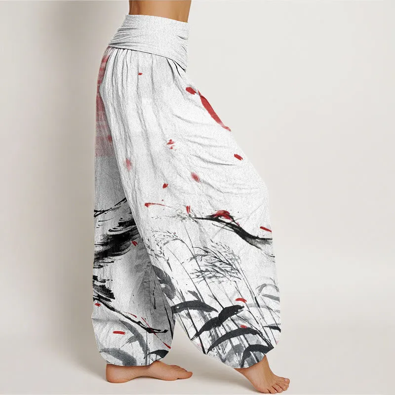 Buddha Stones Casual Red-crowned Reed Sun Crane Pattern Women's Elastic Waist Harem Pants