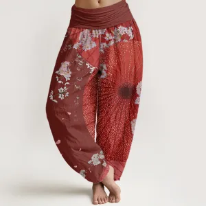 Buddha Stones Casual Red Oil-paper Umbrella Cherry Blossom Pattern Women's Elastic Waist Harem Pants