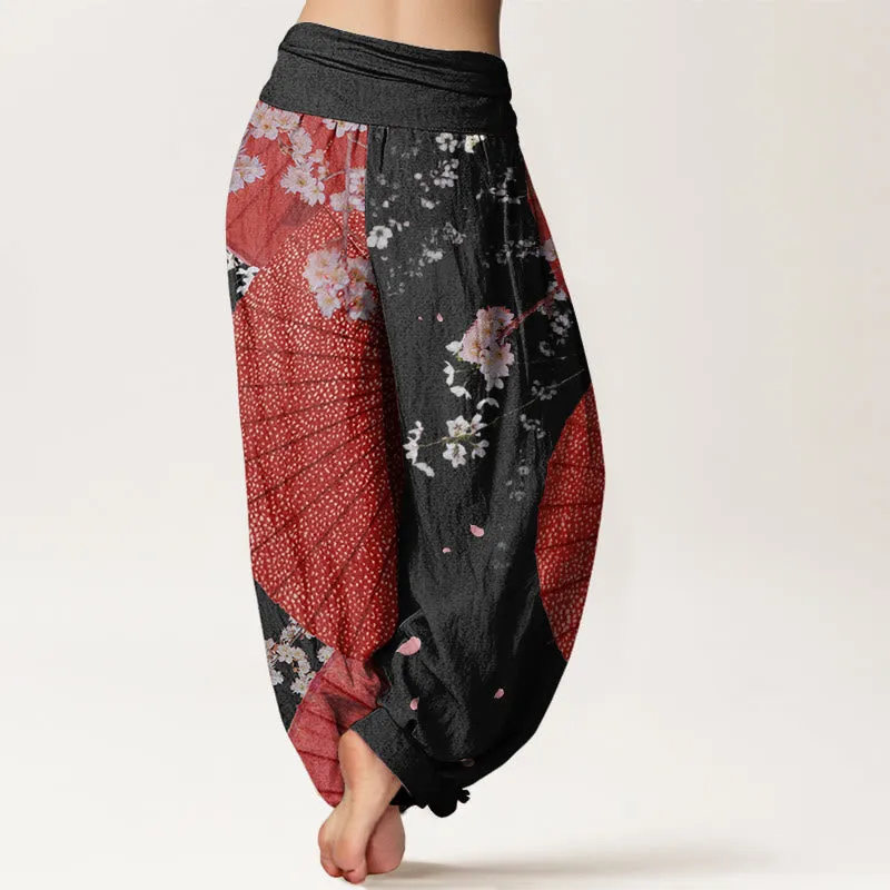 Buddha Stones Casual Red Oil-paper Umbrella Cherry Blossom Pattern Women's Elastic Waist Harem Pants