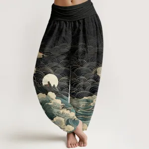Buddha Stones Casual Wave Moon Mountain Pattern Women's Elastic Waist Harem Pants