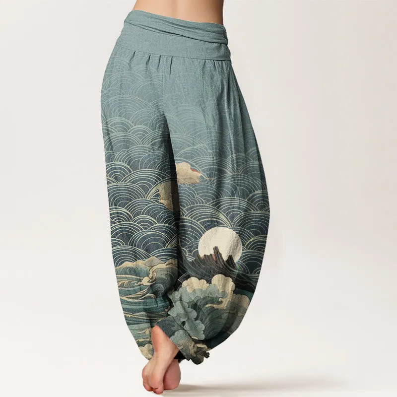 Buddha Stones Casual Wave Moon Mountain Pattern Women's Elastic Waist Harem Pants