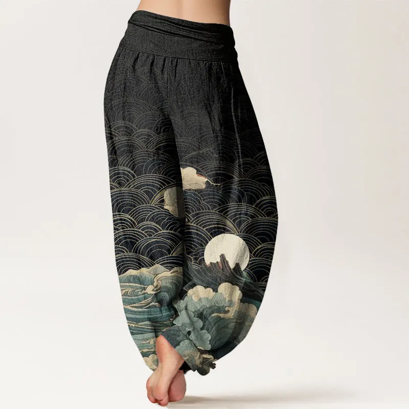 Buddha Stones Casual Wave Moon Mountain Pattern Women's Elastic Waist Harem Pants