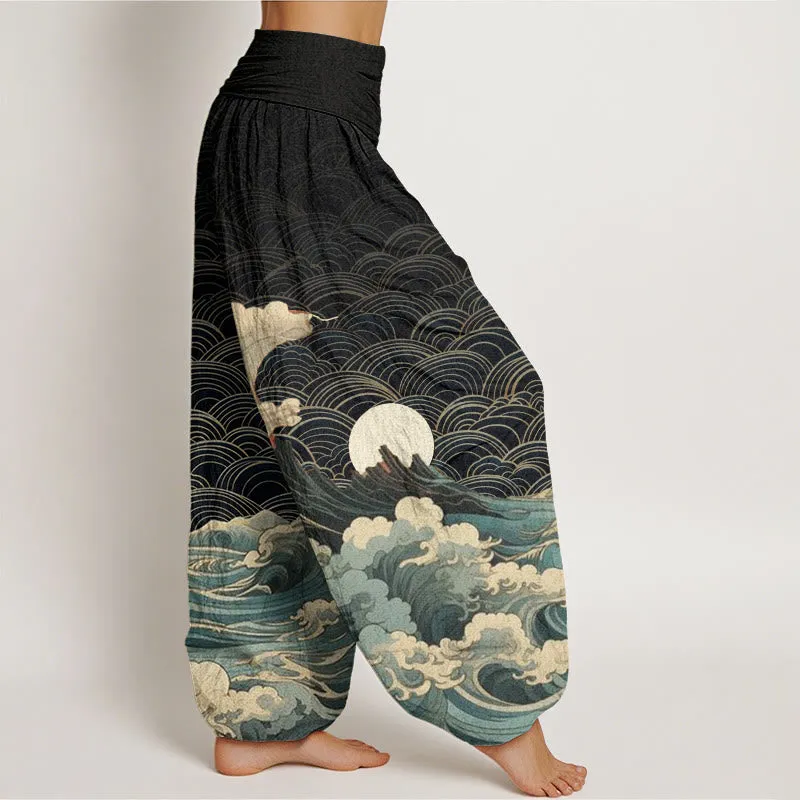 Buddha Stones Casual Wave Moon Mountain Pattern Women's Elastic Waist Harem Pants