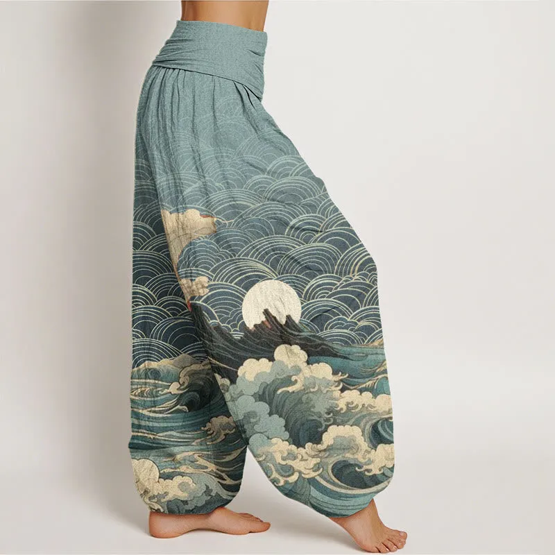 Buddha Stones Casual Wave Moon Mountain Pattern Women's Elastic Waist Harem Pants