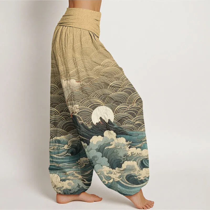 Buddha Stones Casual Wave Moon Mountain Pattern Women's Elastic Waist Harem Pants