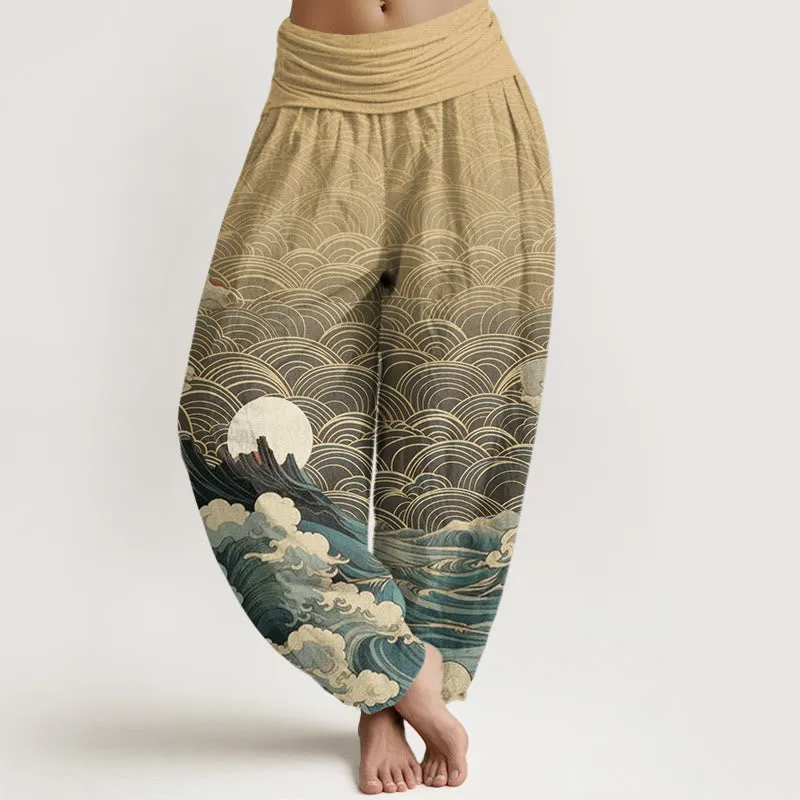 Buddha Stones Casual Wave Moon Mountain Pattern Women's Elastic Waist Harem Pants