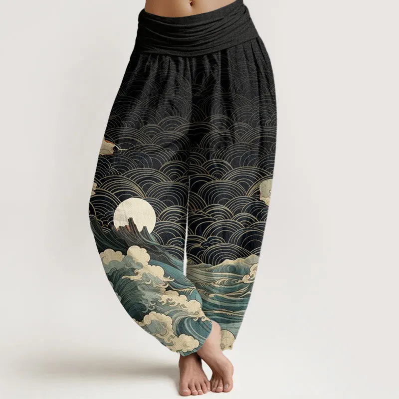 Buddha Stones Casual Wave Moon Mountain Pattern Women's Elastic Waist Harem Pants