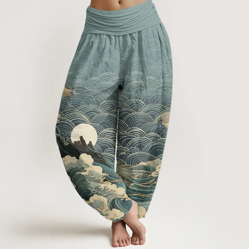 Buddha Stones Casual Wave Moon Mountain Pattern Women's Elastic Waist Harem Pants