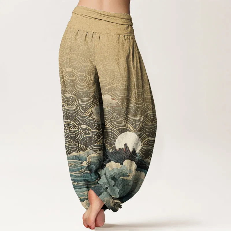 Buddha Stones Casual Wave Moon Mountain Pattern Women's Elastic Waist Harem Pants