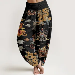 Buddha Stones Golden Dragons Auspicious Clouds Design Women's Elastic Waist Harem Pants