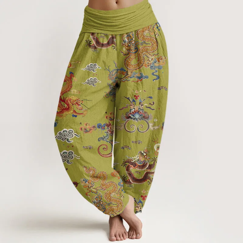 Buddha Stones Golden Dragons Auspicious Clouds Design Women's Elastic Waist Harem Pants