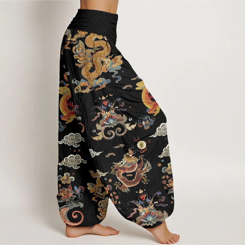 Buddha Stones Golden Dragons Auspicious Clouds Design Women's Elastic Waist Harem Pants
