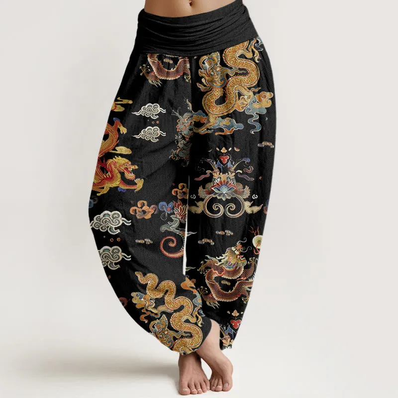 Buddha Stones Golden Dragons Auspicious Clouds Design Women's Elastic Waist Harem Pants
