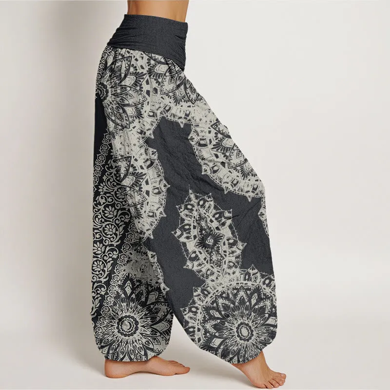 Buddha Stones Mandala Pattern Parallel Flowers Women's Elastic Waist Harem Pants